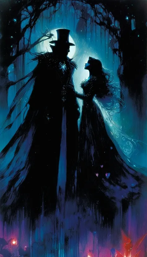 love and death, magic, dark, fantasy, night, inspired by Bill Sienkiewicz
