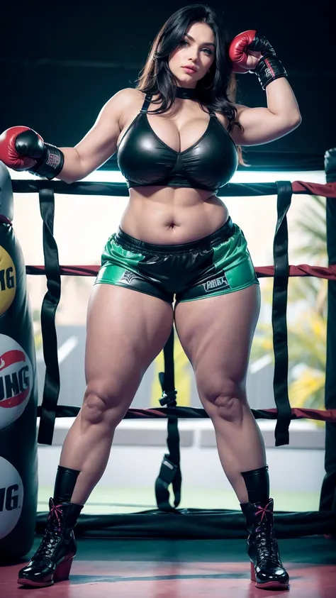 Sexy raven-haired thicc busty bombshell, (sexy alluring attractive face), green eyes, ((black boxing shorts:1.3)), ((sexy boxing shorts:1.3)), (skimpy bra:1.3), ((black boxing boots)), green eyes, straight jet-black hair, muscular arms, thicc body, tiny wa...