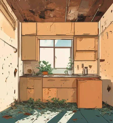 Abandoned kitchen, post-war, No people, puddle of water, infiltration on the wall and ceiling, refrigerator with rusty door between open and stain of infiltration, wooden cabinet with rusty door between open and stain of infiltration, floor with floor with...