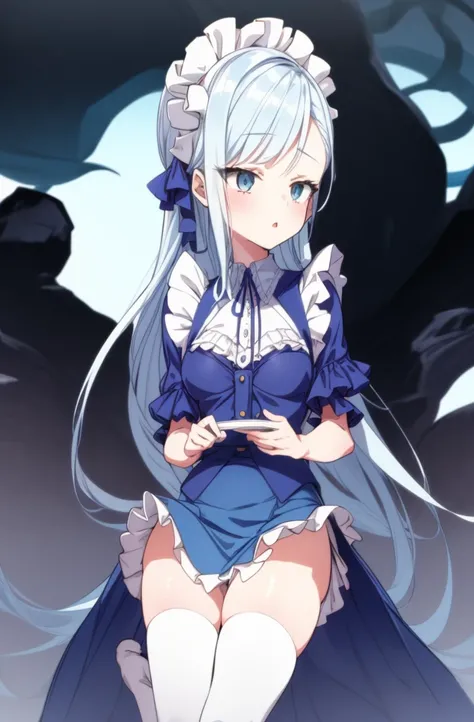 1girl, cowboy shot, 
 maid,  thighhighs,, masterpiece, best quality, highly detailed,((blue hair)),((frilled mini skirt)),white maid clothes,((blue hair)),