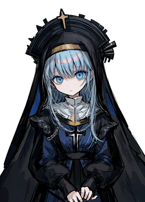 1girl, blue eyes, gray and blue hair, priestess, nun, saint, nice clothes, (high resolution, high detail, best quality), 
black background, tender