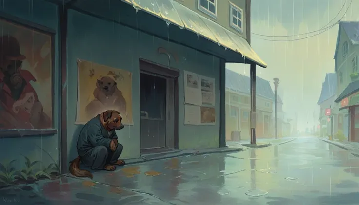 an oil painting of a sad dog in a sidewalk under the rain, painted in the style of Vincent Van Gogh; gross brushstrokes; cold colors tones