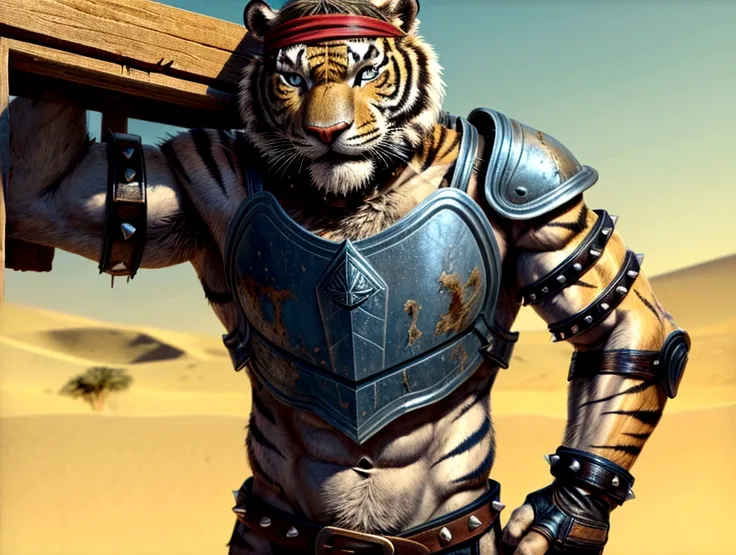 solo sexy anthro furry tiger desert slave ancient gladiator, slim endomorph muscular handsone model male apperance, headband, sw...