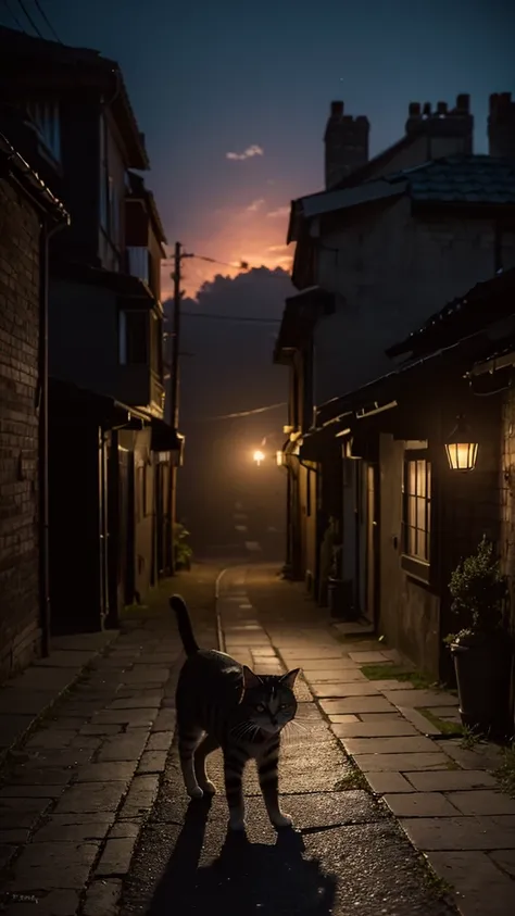 a curious tabby cat explores the moonlit neighborhood at night, encountering a scrappy black cat named felix who introduces him to the secret paths and nocturnal creatures, they have an adventurous journey leaping over fences, exploring gardens and alleys,...