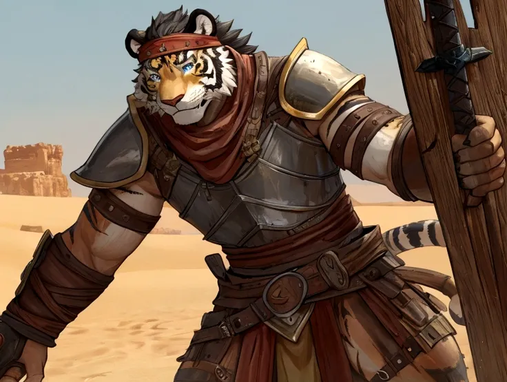 Solo Sexy anthro furry tiger desert slave ancient gladiator, slim endomorph muscular handsone model male apperance, headband, sword scars, worn out leather skimpy armament, low on hips heavy leather belt, old very worn out skimpy dirty linen material jocks...