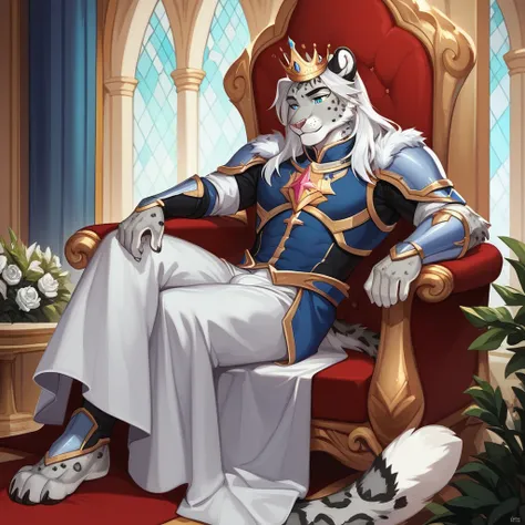 Score_9, score_8_up, score_7_up, source_cartoon, Anthro male, snow leopard,white hair, blue eyes, tall and slender, wearing silver kings armor, crown, sitting on an Elegant throne, in a throne room, resting head on one hand,