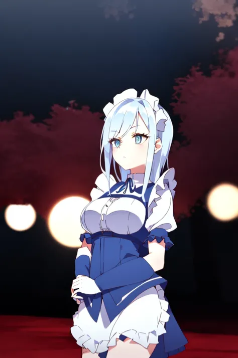 1 girl，Upper body，((blue medium hair)),((White Maid Costume)),blue eyes,((whole body)),masterpiece, best quality, highly detailed,((blue hair)),((frilled mini skirt)),white maid clothes,((blue hair)),