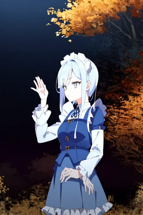 1 girl，Upper body，((blue medium hair)),((White Maid Costume)),blue eyes,((whole body)),masterpiece, best quality, highly detailed,((blue hair)),((frilled mini skirt)),white maid clothes,((blue hair)),