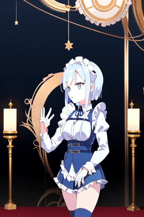 1 girl，Upper body，((blue medium hair)),((White Maid Costume)),blue eyes,((whole body)),masterpiece, best quality, highly detailed,((blue hair)),((frilled mini skirt)),white maid clothes,((blue hair)),