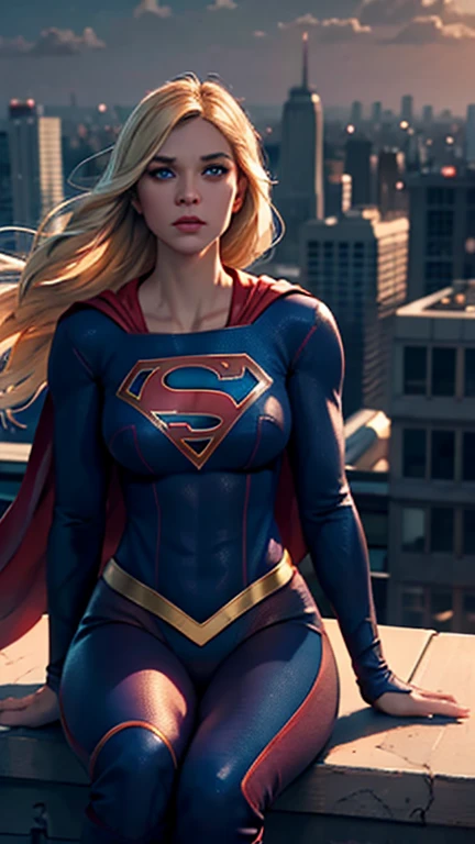 supergirl, sitting on a rooftop building, lost in deep thought, looking at the city, perfect eye, beautiful highly detailed eyes...