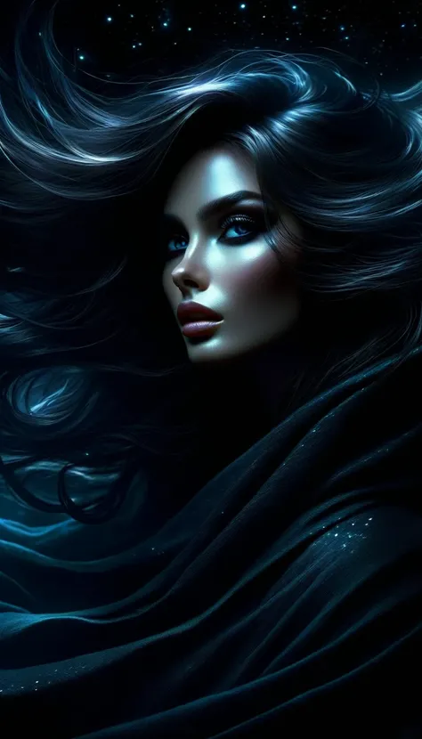 A dark and mystical fantasy scene, a beautiful woman with striking eyes and lips, long eyelashes, flowing hair, ethereal and otherworldly, shrouded in a cloak, moonlight illuminating her face, dark magic swirling around her, night sky with stars, moody and...