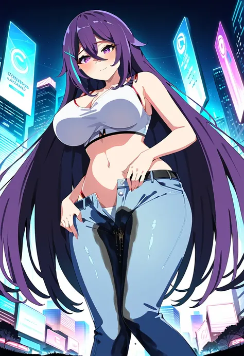 (masterpiece:1.37), best quality, (extremely detailed:1.37), woman, mature, adult, large breasts, very long hair, dark purple hair, purple eyes, (extremely detailed eyes:1.37), crop top, cleavage, navel, jeans, open fly, (groin:1.25), desperation, (wetting...