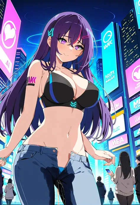 (masterpiece:1.37), best quality, (extremely detailed:1.37), woman, mature, adult, large breasts, very long hair, dark purple hair, purple eyes, (extremely detailed eyes:1.37), crop top, cleavage, navel, jeans, open fly, (groin:1.25), desperation, (wetting...