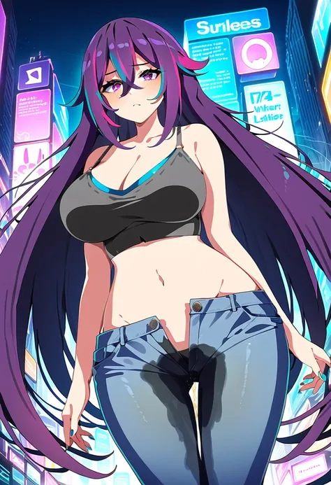 (masterpiece:1.37), best quality, (extremely detailed:1.37), woman, mature, adult, large breasts, very long hair, dark purple hair, purple eyes, (extremely detailed eyes:1.37), crop top, cleavage, navel, jeans, open fly, (groin:1.25), desperation, (wetting...