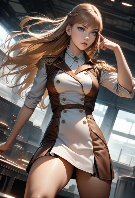 (Relena Peacecraft:1.2),1 girl,brown long hair,blue eyes,white gorgeous military uniform,ultra miniskirt,epaulettes,perfect hands, perfect finger,perfect anatomy, masterpiece, best quality,realistic, hyperrealistic, 16k hdr,medium breasts,military base,ind...