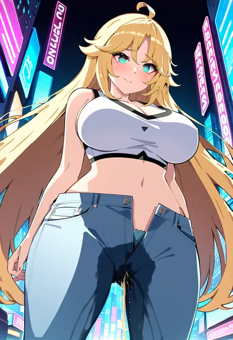 (masterpiece:1.37), best quality, (extremely detailed:1.37), woman, mature, adult, large breasts, very long hair, blonde hair, blue eyes, (extremely detailed eyes:1.37), crop top, cleavage, navel, jeans, open fly, (groin:1.25), desperation, (wetting: self ...