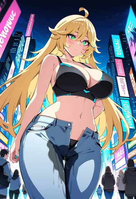 (masterpiece:1.37), best quality, (extremely detailed:1.37), woman, mature, adult, large breasts, very long hair, blonde hair, blue eyes, (extremely detailed eyes:1.37), crop top, cleavage, navel, jeans, open fly, (groin:1.25), desperation, (wetting: self ...