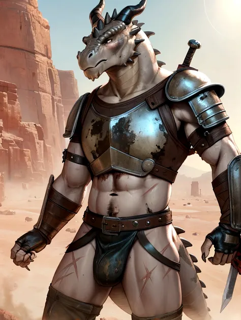 Solo Sexy anthro scalie dragon male mercenary medieval solider, slim endomorph muscular handsone model male apperance, sword scars, worn out rusty skimpy armament, low on hips heavy leather belt, old very worn out skimpy dirty linen material jockstrap, old...