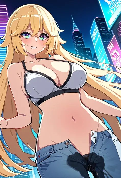 (masterpiece:1.37), best quality, (extremely detailed:1.37), woman, mature, adult, large breasts, very long hair, blonde hair, light blue eyes, (extremely detailed eyes:1.37), crop top, cleavage, navel, jeans, open fly, (groin:1.25), desperation, (wetting:...