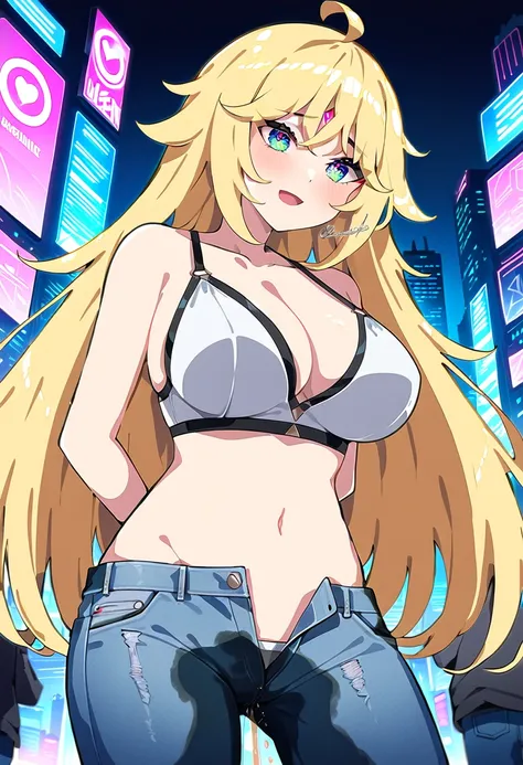 (masterpiece:1.37), best quality, (extremely detailed:1.37), woman, mature, adult, large breasts, very long hair, blonde hair, light blue eyes, (extremely detailed eyes:1.37), crop top, cleavage, navel, jeans, open fly, (groin:1.25), desperation, (wetting:...