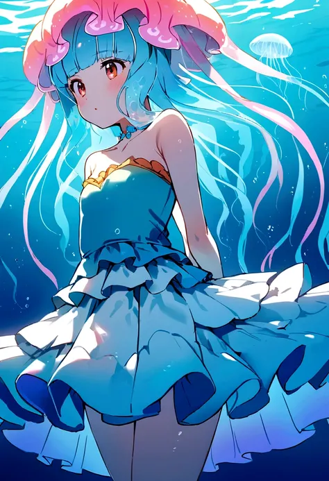 beautiful girl yes,flat-chested,kawaii,(jellyfish girl:1.2), arms behind the back,underwater,dress with ruffles,