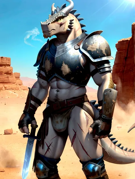 Solo Sexy anthro scalie dragon male mercenary medieval solider, slim endomorph muscular handsone model male apperance, sword scars, worn out rusty skimpy armament, low on hips heavy leather belt, old very worn out skimpy dirty linen material jockstrap, old...