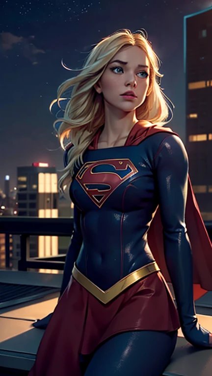 supergirl, sitting on a rooftop building, lost in deep thought, looking at the city, perfect eye, beautiful highly detailed eyes...