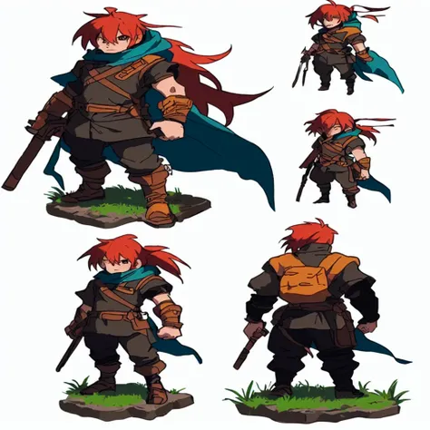 a set of four images of a character with different poses, jrpg character art, rpg character art, character art, jrpg character, Hero character art, For that + conceptual artwork, rpg conceptual artwork character, rpg character conceptual artwork, colored c...