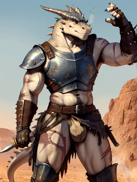 Solo Sexy anthro scalie dragon male mercenary medieval solider, slim endomorph muscular handsone model male apperance, sword scars, worn out rusty skimpy armament, low on hips heavy leather belt, old very worn out skimpy dirty linen material jockstrap, old...