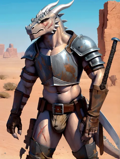 Solo Sexy anthro scalie dragon male mercenary medieval solider, slim endomorph muscular handsone model male apperance, sword scars, worn out rusty skimpy armament, low on hips heavy leather belt, old very worn out skimpy dirty linen material jockstrap, old...