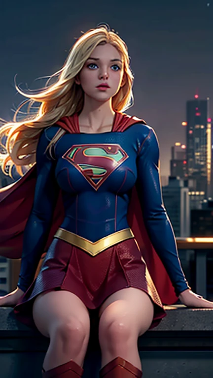 supergirl, sitting on a rooftop building, lost in deep thought, looking at the city, perfect eye, beautiful highly detailed eyes...