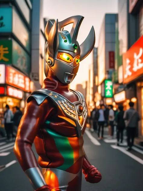 ultraman taro standing on the streets of tokyo at sunset, tall and slim, portrait, fighting pose, photo high quality, realistic ...