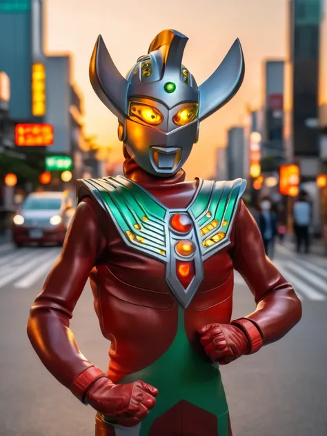 ultraman taro standing on the streets of tokyo at sunset, tall and slim, portrait, fighting pose, photo high quality, realistic ...