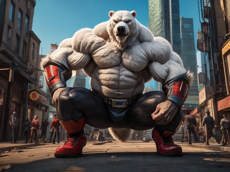 (best quality, 4k, 8k, highres, masterpiece:1.2), ultra-detailed, (realistic, photorealistic, photo-realistic:1.37), aged, powerful, muscular superhero polar bear, rugged appearance, crouch on a city, distinguished white beard, thick heavy white fur,comic ...