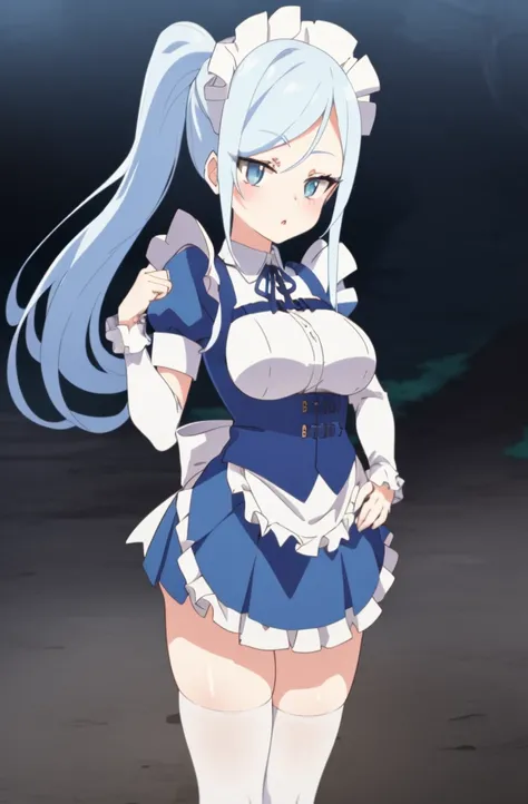 1girl, cowboy shot, 
 maid,  thighhighs,, masterpiece, best quality, highly detailed,((blue hair)),((frilled mini skirt)),((white maid clothes)),(((blue hair)),((adult)),((adult)),