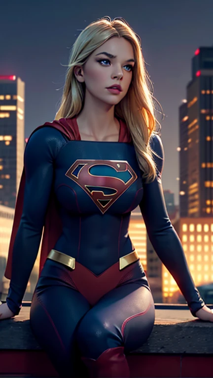 supergirl, sitting on a rooftop building, lost in deep thought, looking at the city, perfect eye, beautiful highly detailed eyes...