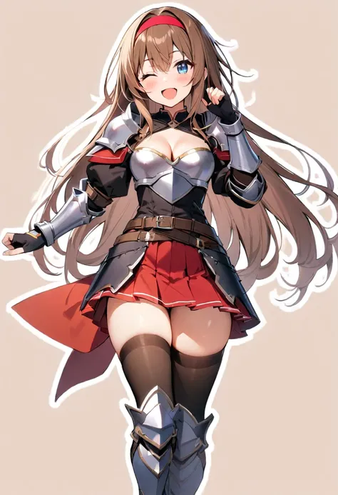 masterpiece, best quality, 1girl, solo, one-eye-closed, armor, thighhighs, skirt, brown-hair, blue-eyes, breasts, open-mouth, cleavage, smile, black-thighhighs, full-body, hairband, boots, medium-breasts, armored-boots, gloves, fingerless-gloves, ;d, pleat...