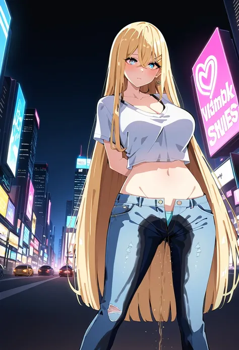 (masterpiece:1.37), best quality, (extremely detailed:1.37), woman, mature, adult, large breasts, very long hair, (straight hair:1.5), blonde hair, blue eyes, (extremely detailed eyes:1.37), crop top, cleavage, navel, jeans, open fly, (groin:1.25), despera...