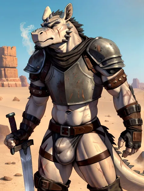 Solo Sexy anthro scalie dragon male mercenary medieval solider, slim endomorph muscular handsone model male apperance, sword scars, worn out leather skimpy armament, low on hips heavy leather belt, old very worn out skimpy dirty bulge linen material jockst...