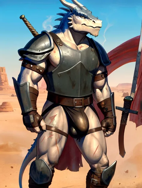 Solo Sexy anthro scalie dragon male mercenary medieval solider, slim endomorph muscular handsone model male apperance, sword scars, worn out leather skimpy armament, low on hips heavy leather belt, old very worn out skimpy dirty bulge linen material jockst...