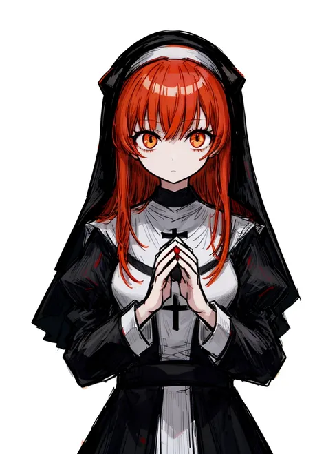 1girl, orange eyes, red hair, nun, saint, nice clothes, (high resolution, high detail, best quality), 
black background, tender