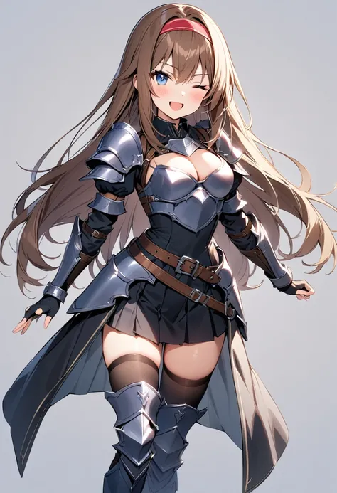 masterpiece, best quality, 1girl, solo, one-eye-closed, armor, thighhighs, skirt, brown-hair, blue-eyes, breasts, open-mouth, cleavage, smile, black-thighhighs, full-body, hairband, boots, medium-breasts, armored-boots, gloves, fingerless-gloves, pleated-s...