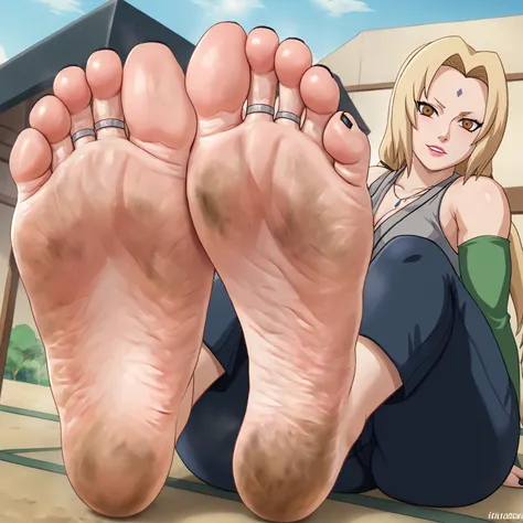 tsunade from naruto, feet, soles, very wrinkled soles, very dirty soles, black toenail, toes ring, soles focus. very detailed so...