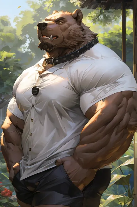 (best quality,4k,8k,highres,masterpiece:1.2),ultra-detailed,realistic:1.37,huge muscular furry Grizzly bear wearing white shirt,white shorts,Brown fur skin,shirt with buttons,shirt with collar,shorts with pockets,ferocious expression,intense eyes,heavy bro...