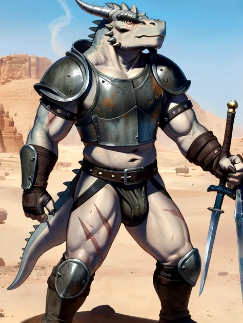 Solo Sexy young anthro scalie dragon male mercenary medieval solider, slim endomorph muscular, handsome gay model male apperance, sword scars, worn out leather skimpy armament, low on hips heavy leather belt, old very worn out skimpy dirty linen material j...