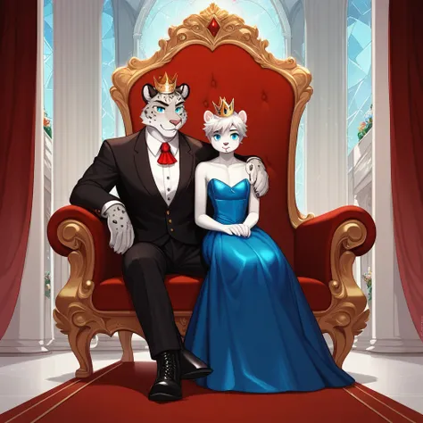 Score_9, score_8_up, score_7_up, source_cartoon, Anthro male, snow leopard, short white hair, blue eyes,  wearing kings garbs, kings top, elegant slacks, kings boots, crown, sitting on an Elegant throne, in a throne room, young, tall and slender, 