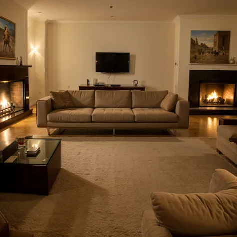 uma sala de estar, Nice sofas, center table, modern setting, well-lit, fireplace lit.