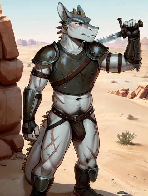 Solo Sexy young anthro scalie dragon male mercenary medieval solider, slim endomorph muscular, anthro handsome gay shorter muzzle, handsome gay model male apperance, sword scars, worn out leather skimpy armament, low on hips heavy leather belt, old very wo...