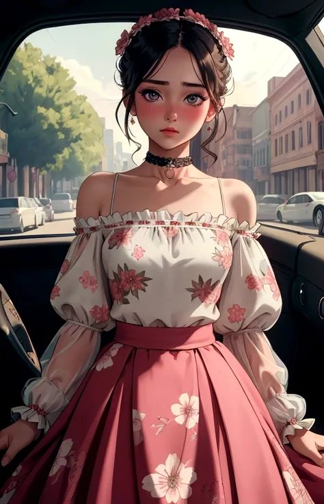 (Best Quality, Masterpiece), 1 girl, intricate details, off the shoulder, Skirt, choker, steering wheels, Transparent, looking at the viewer, blush, Upper part of the body, blurred background, floral print, contrasted