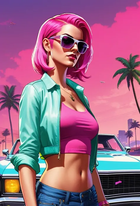 (gta style:1.5)，(GTA Vice City, GTA 5 cover art, gta style: 1.5), with a white woman with neon pink hair, com oculos e uma saia jeans e com cropped